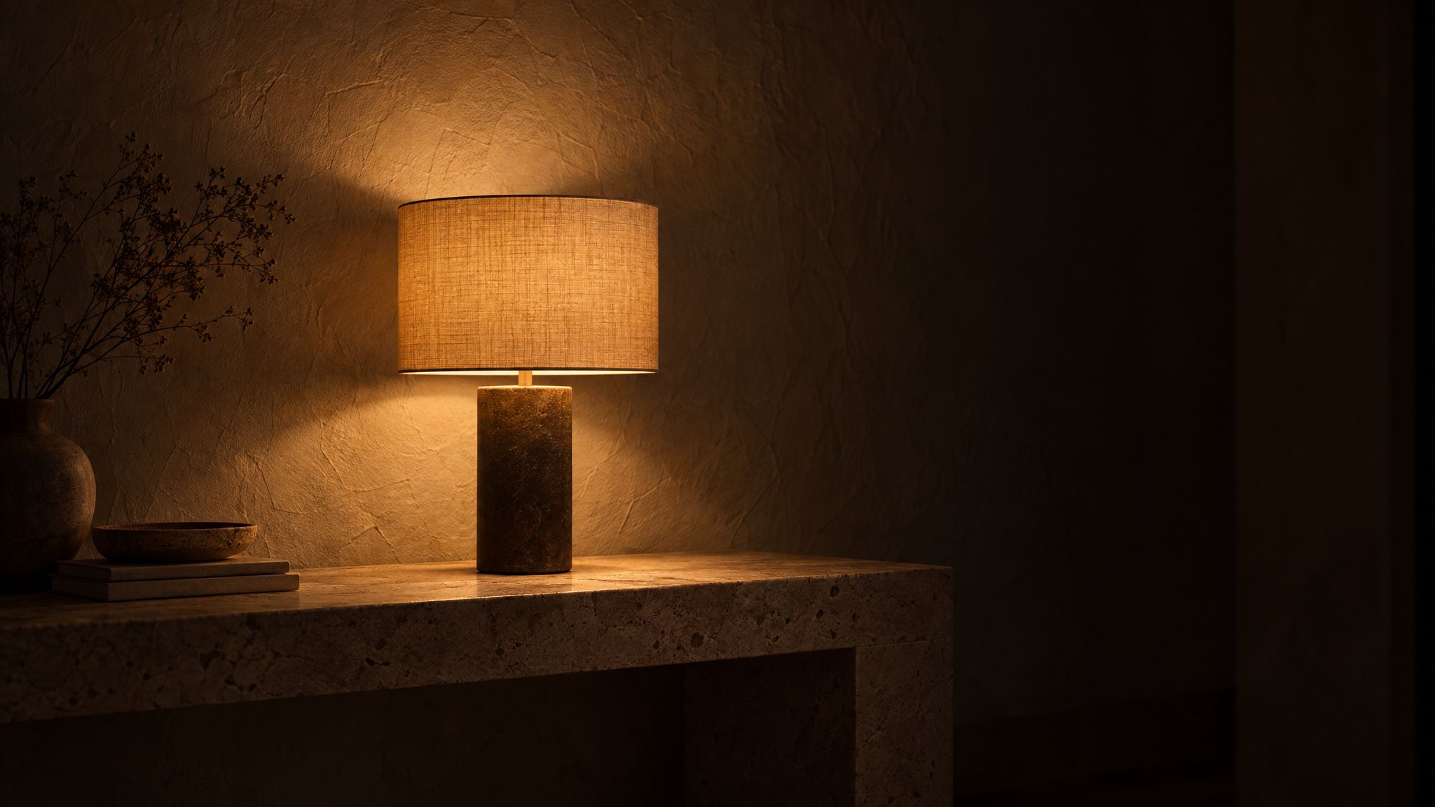 A single linen-shaded lamp casting a small warm pool on limestone