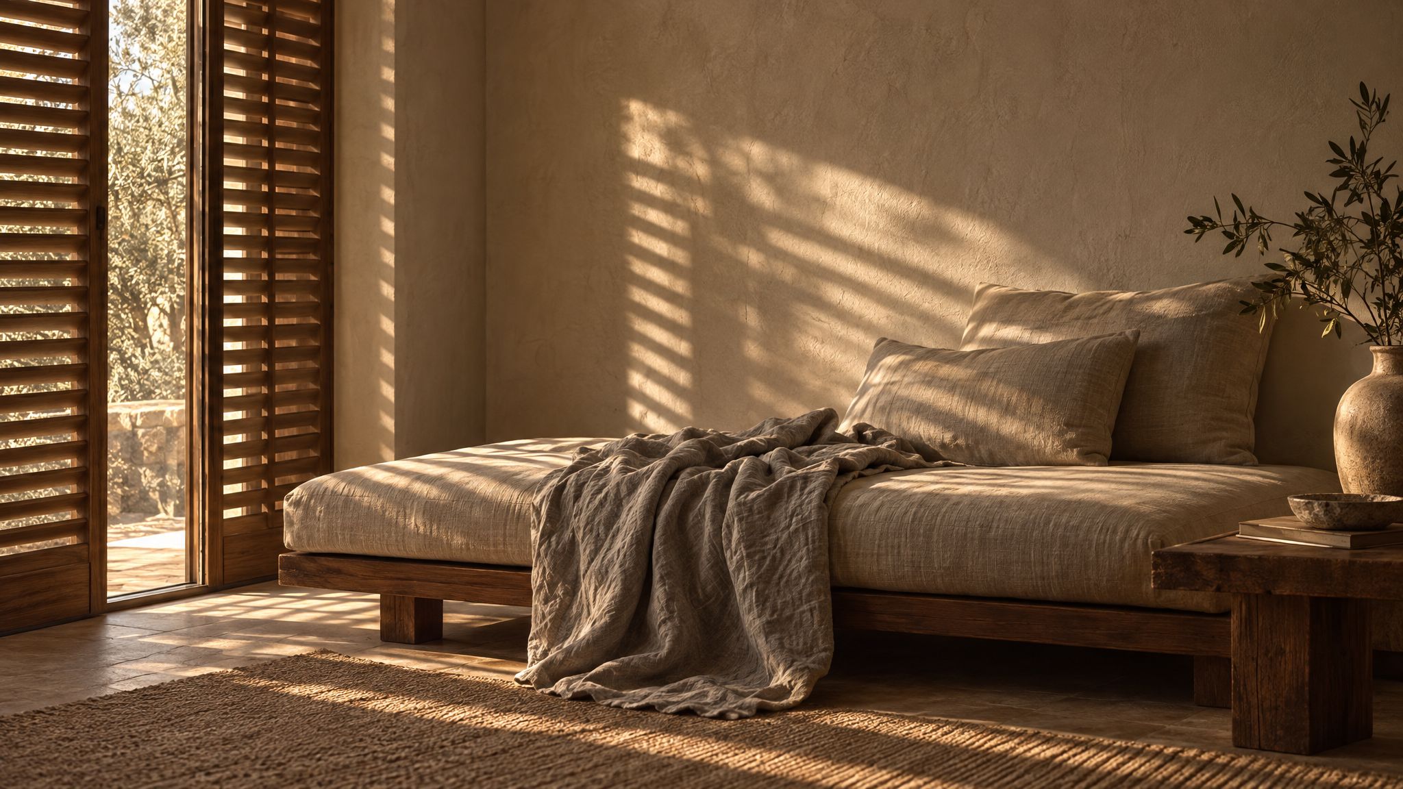 A daybed in afternoon light striped by half-closed shutters