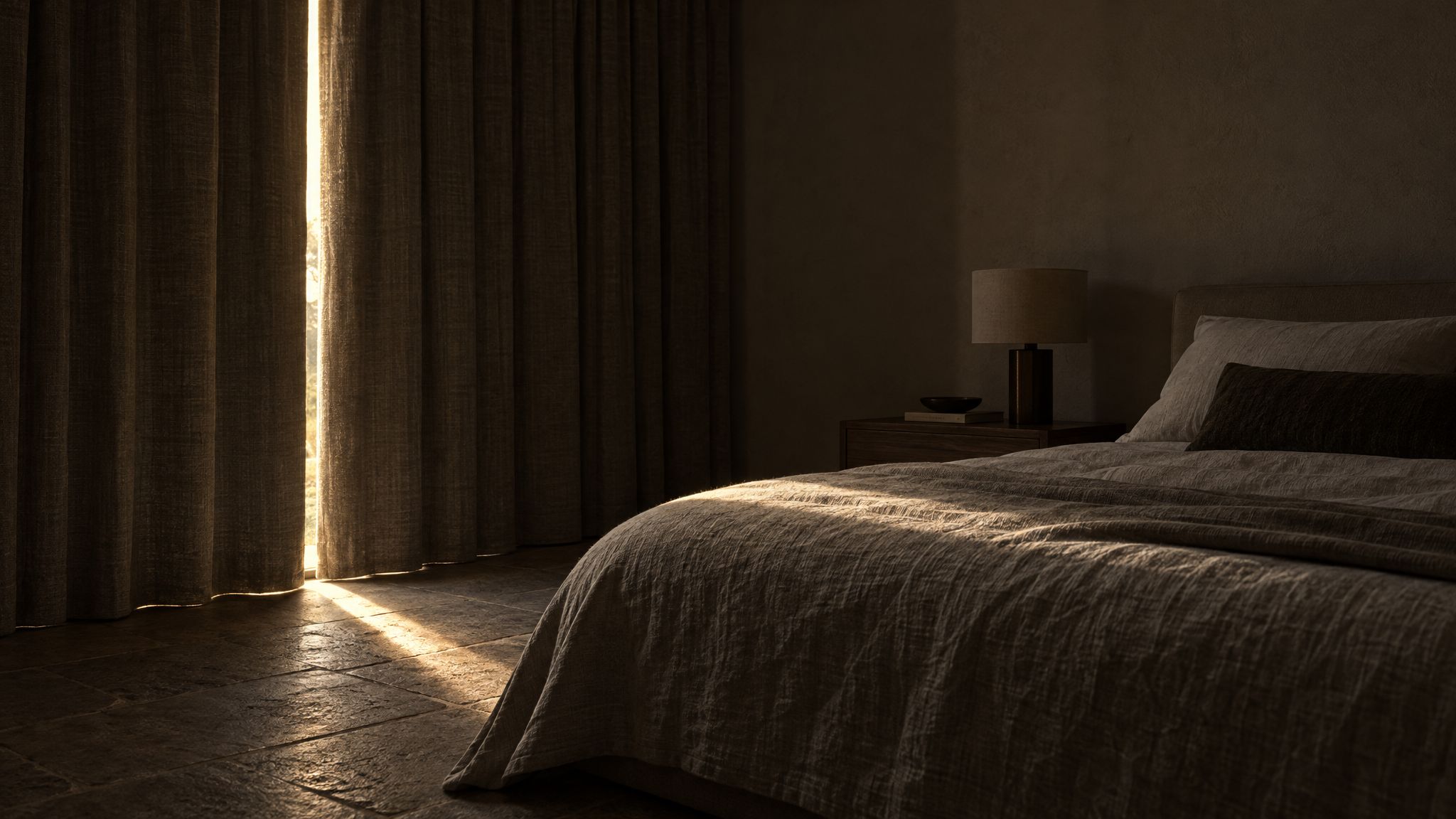 A darkened bedroom at midday, one blade of daylight at the curtain edge